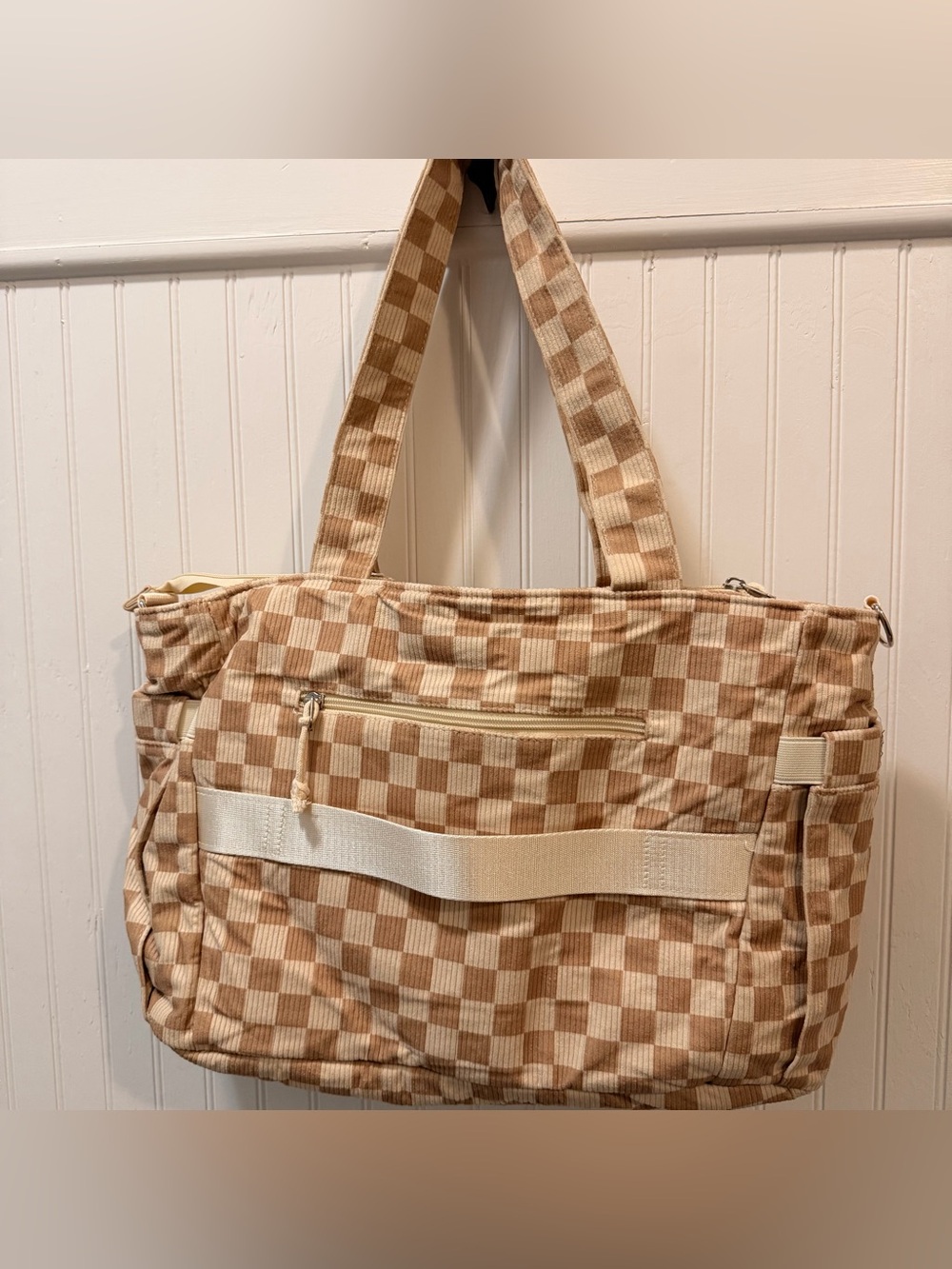 Bagstellar Beige Checkered Canvas Tote with Front Zip Pocket and Wide Strap